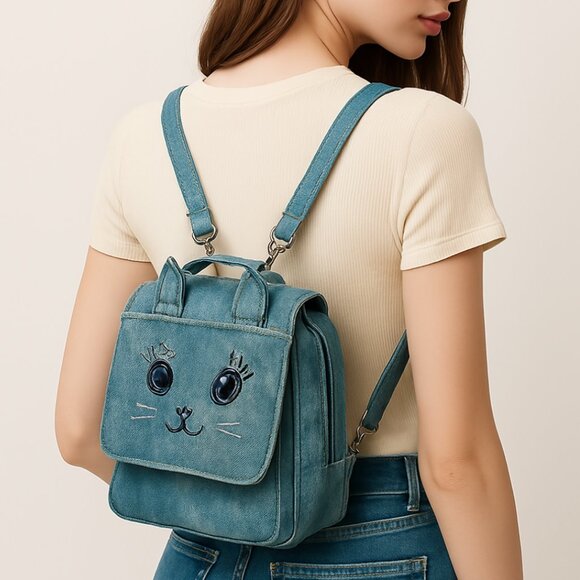 Anna Sui Cat Face Mini Leather Backpack Purse Blue Distressed Jean Bag Cute Ears - Picture 1 of 16